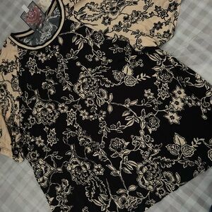 Johnny Was Black and Cream Floral Short Sleeve Top - Brand New